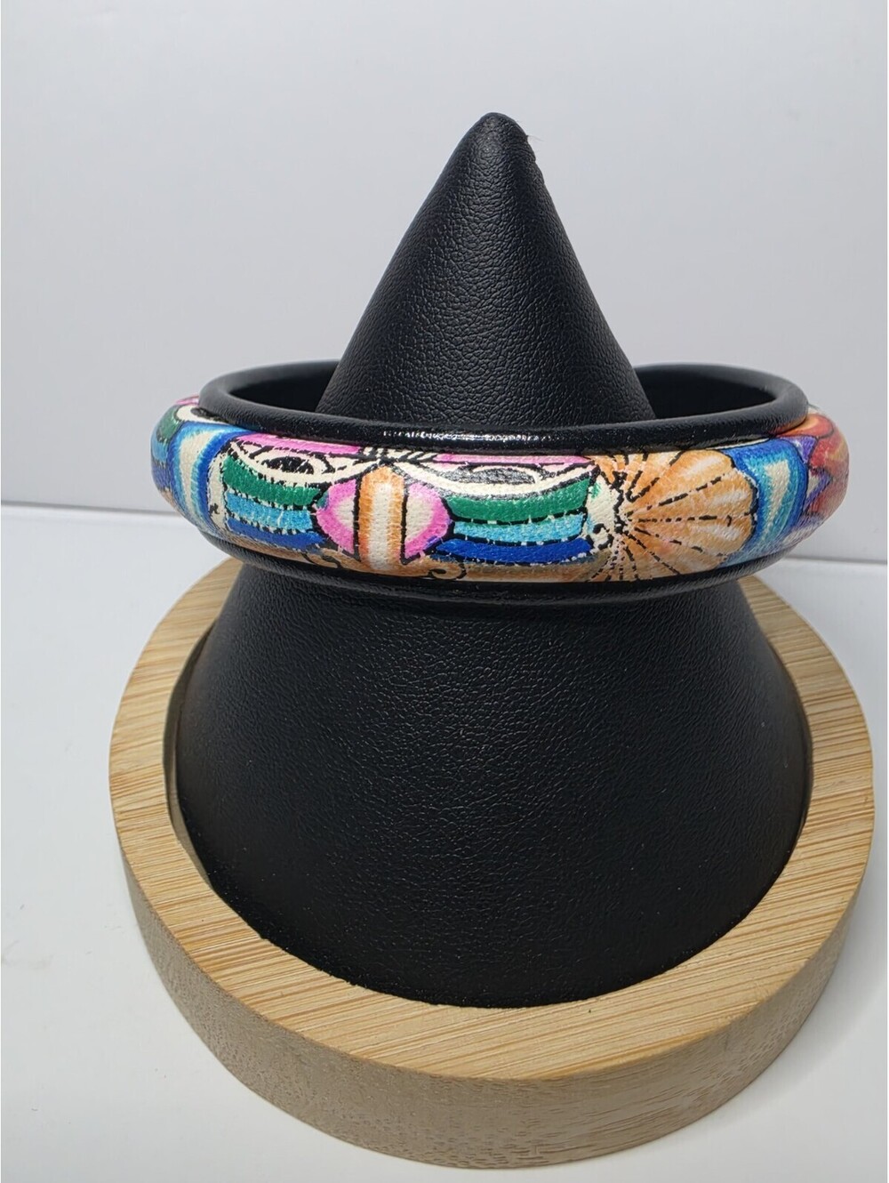 Vintage Mayan Leather Bangle Hand Painted Tribal Mask eye Design Bracelet